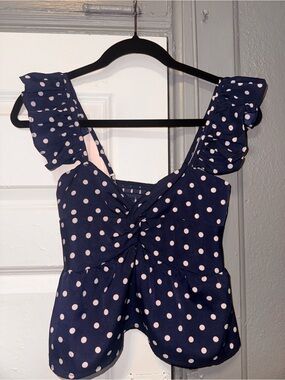ROMWE Navy Blue Polka Dot Ruffle Strap Peplum Top